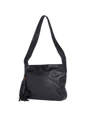 Chanel CC Logo Fringe Shoulder Bag Leather Black